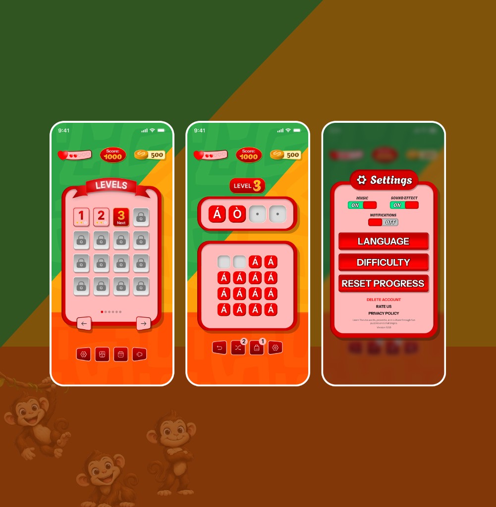 Aṣá Ọ̀rọ̀ gameplay screens showing level selection grid, word puzzle board, and settings panel