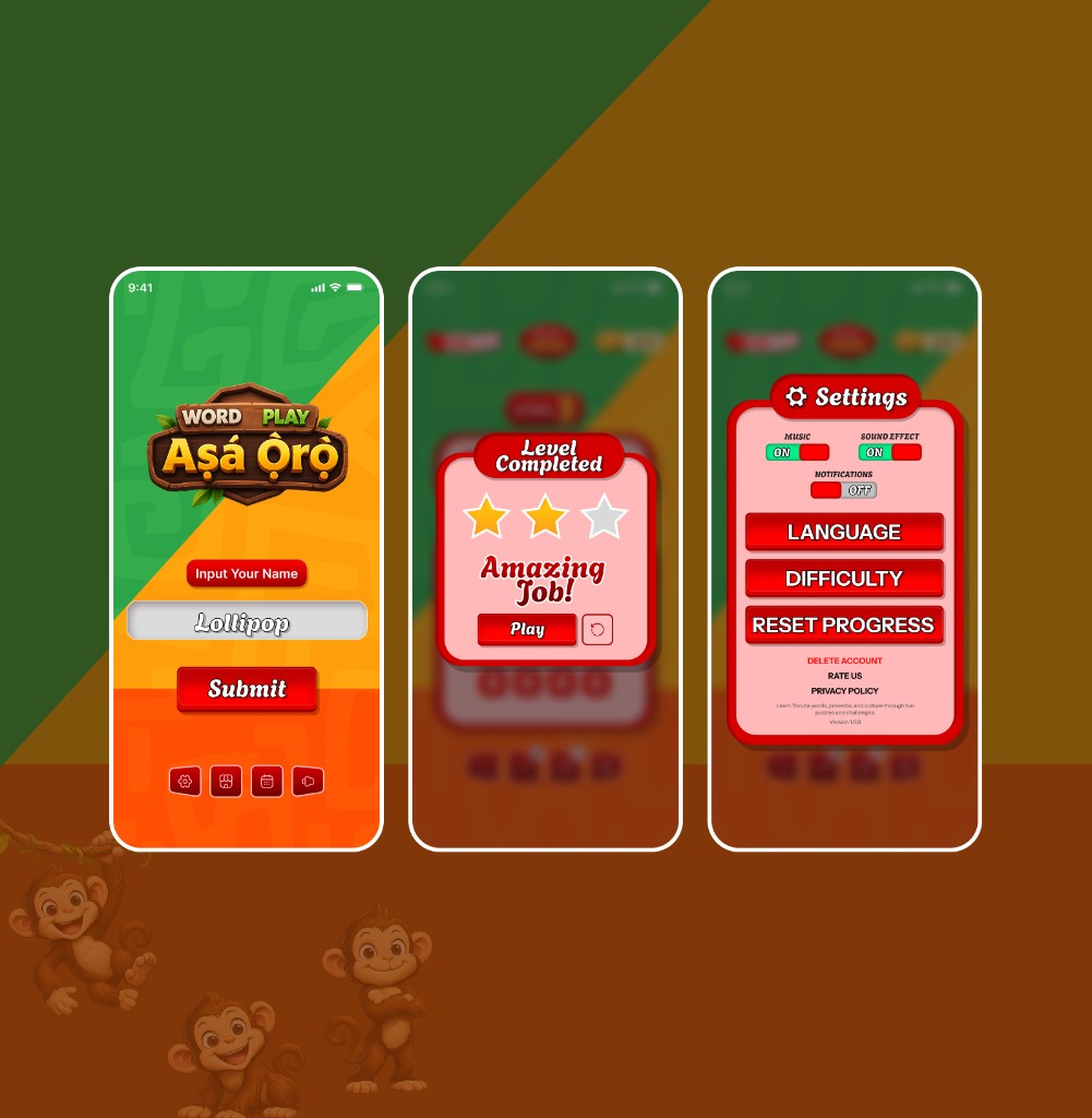 Aṣá Ọ̀rọ̀ home screen with name input, level completed celebration, and settings overlay
