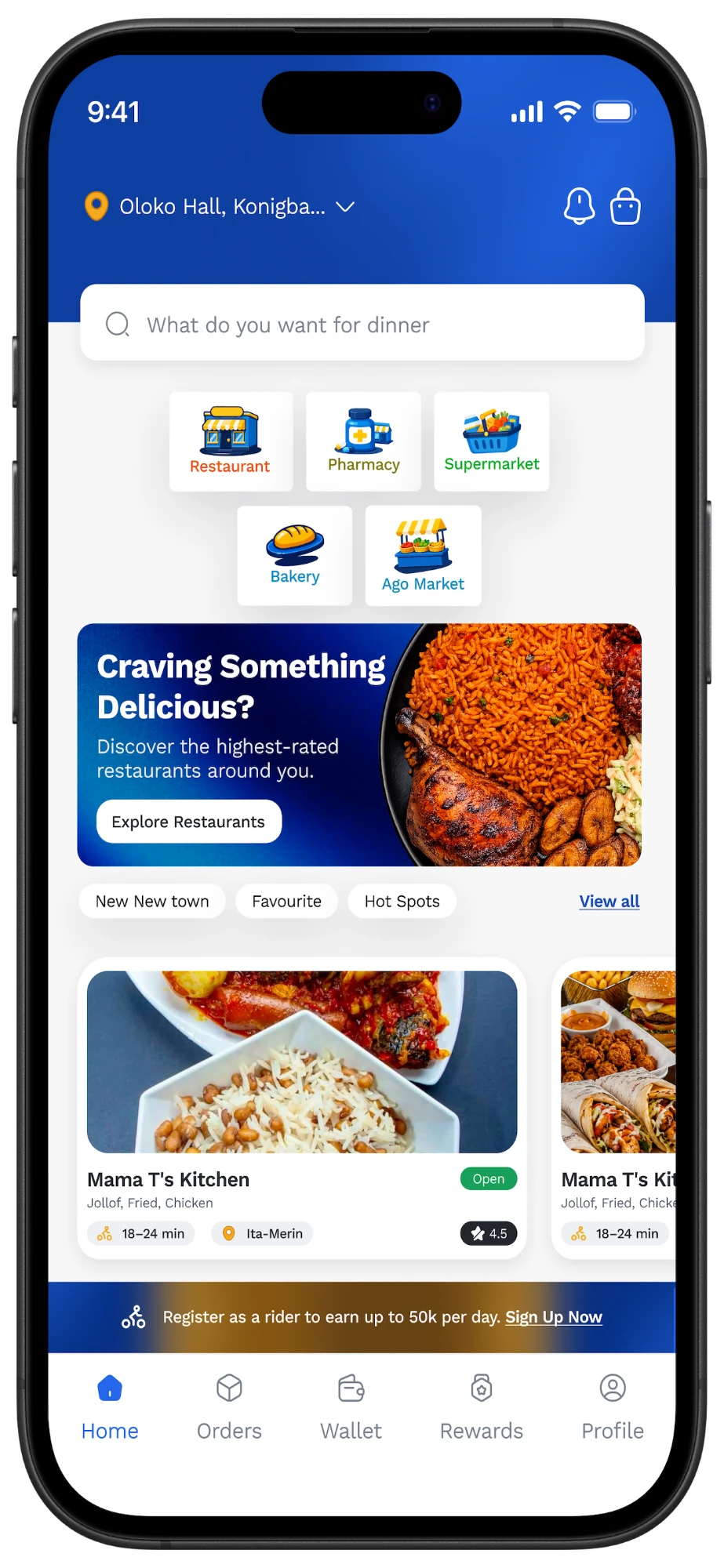 ValGo home screen with delivery categories and nearby restaurants