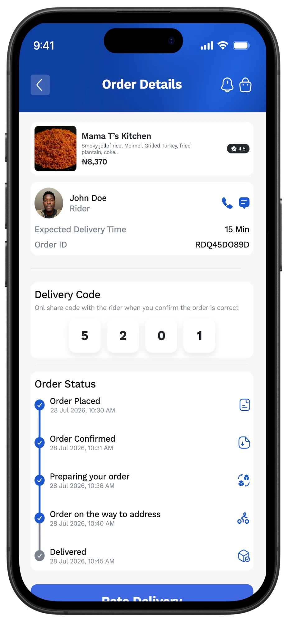 ValGo order details with rider, delivery code and status timeline